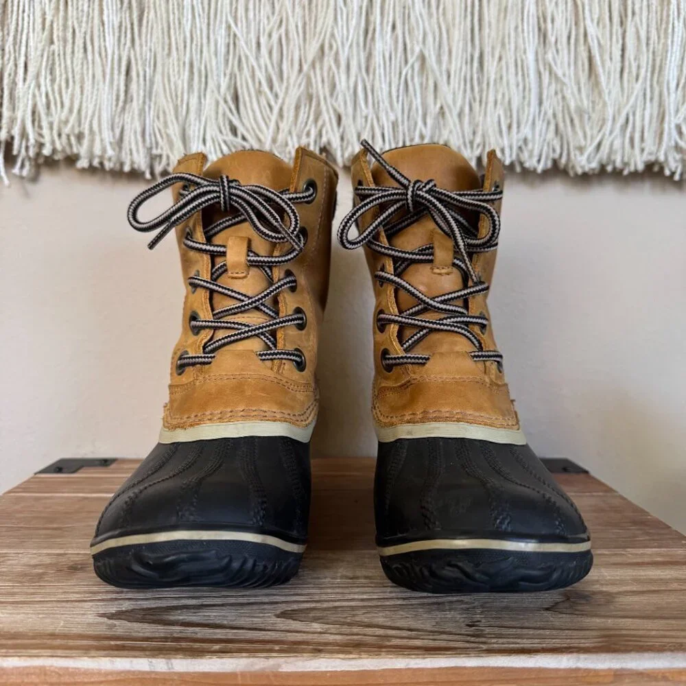 SOREL Slimpack II Waterproof Tan Leather Upper Black Rubber Duck Boot‎ Size 7